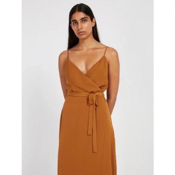 Frank & Oak Satin Velvet Mini Wrap Dress - Sandy Brown - Picture 1 of 5